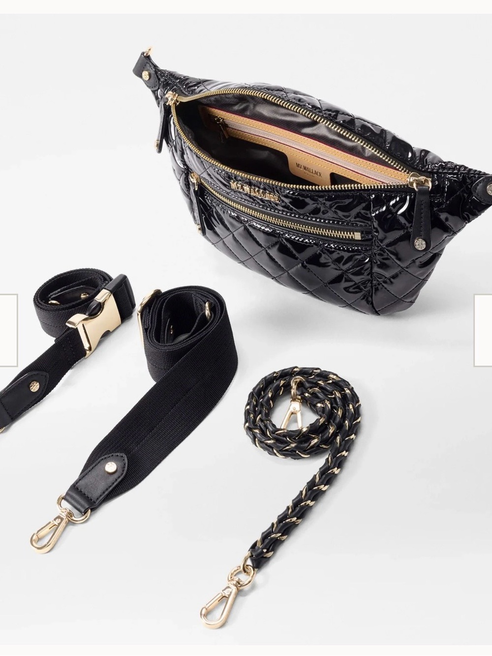 MZ Wallace Small Quilted Patent Leather Crossbody Sling Belt Bag Black Lacquer - Picture 14 of 14